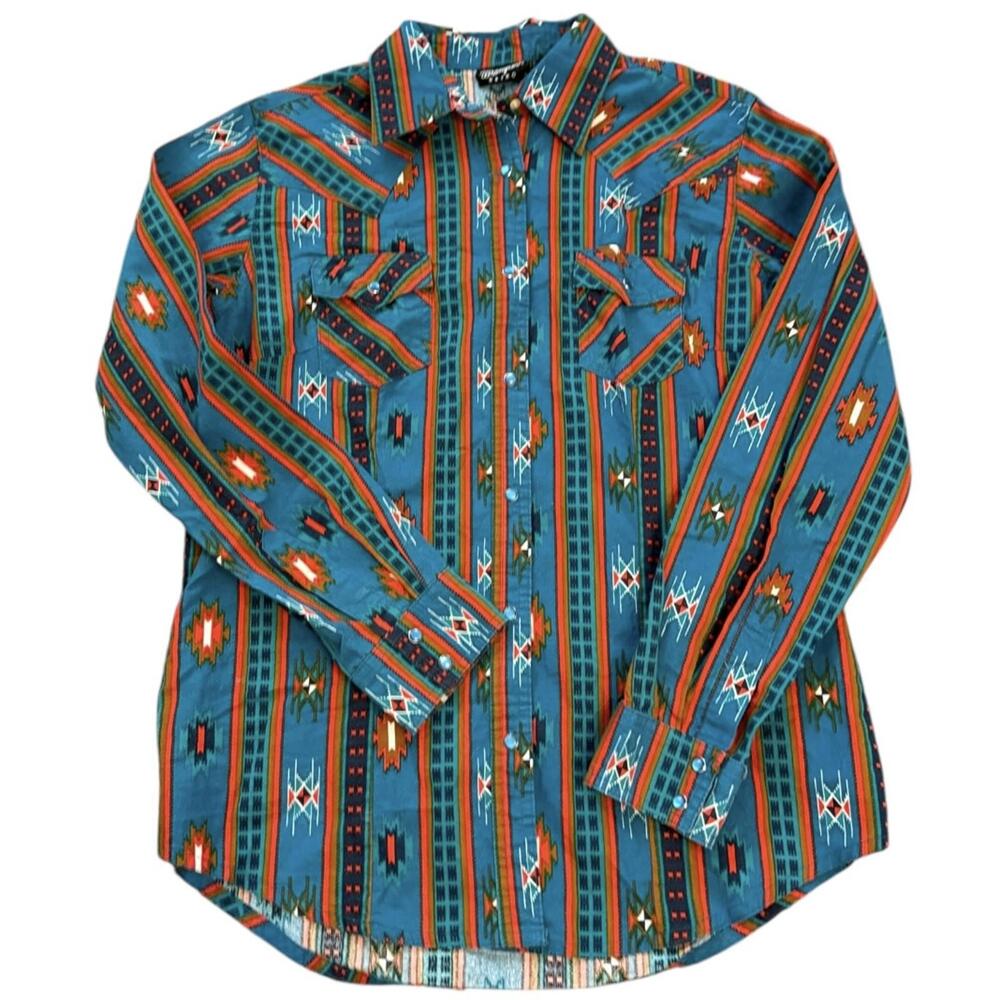 Wrangler Teal Aztec Button-Down Shirt with Orange & Red Accents